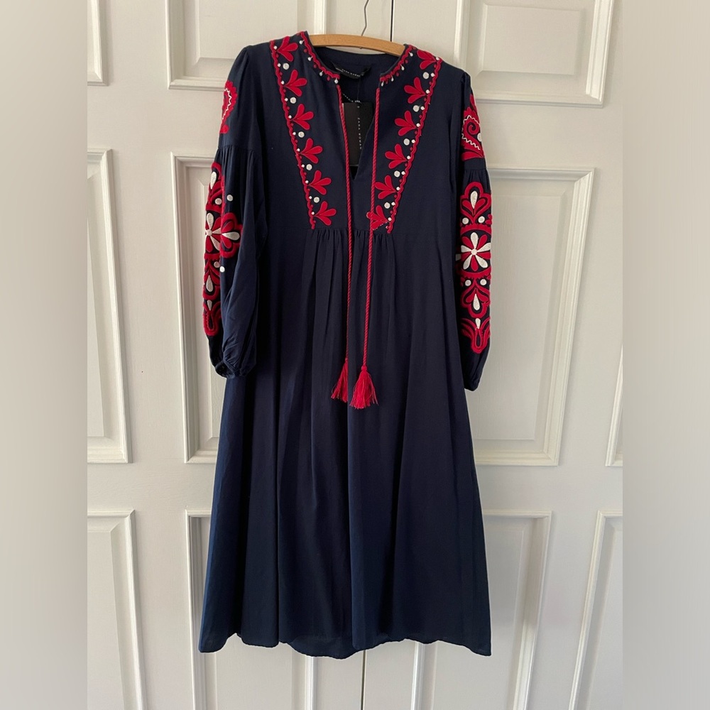 NWT Zara Embroidered Midi Dress Womens Size
S Navy Blue Bohemian Hippie Style